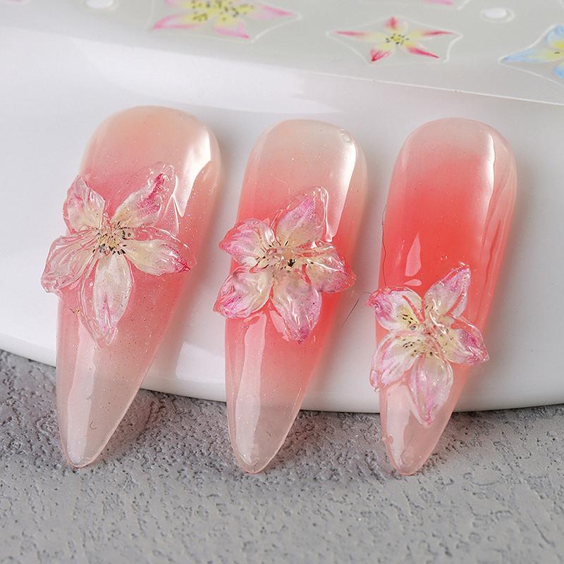 1Sheet Pink Lily Flower Nail Sticker Relief 3D Jelly Five Petal Flower Nail Art Decoration Decals Diy Selfadhesive Sliders