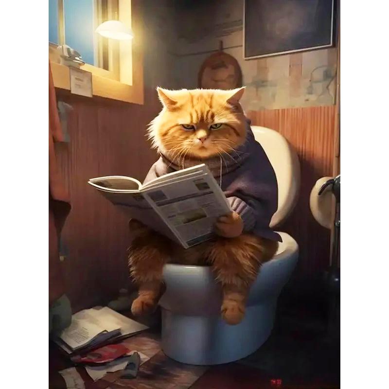 

Алмазная живопись Животное Сделай сам Полная мозаика Кот Туалет Читающий газету Искусство Стразы Картинки Набор для декора стен ванной комнаты Round 30x40cm