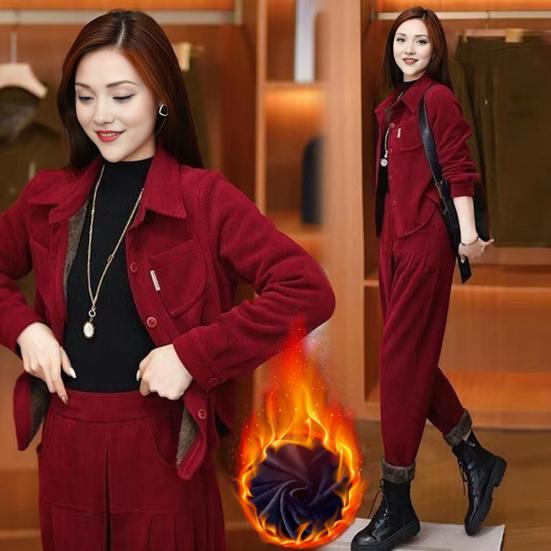 2 Pçs/set Mulheres Casaco Calças Conjunto Grosso Plush Forrado Simples-breasted Gola Virada Manga Comprida Jaqueta Cordão Cintura Elástica Calças Inverno