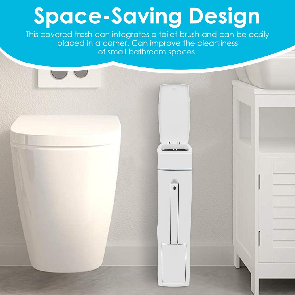 4.5L White Bathroom Trash Can with Toilet Brush Large Capacity Self Sealing Slim Bin Narrow Garbage Can Bathroom Accessories