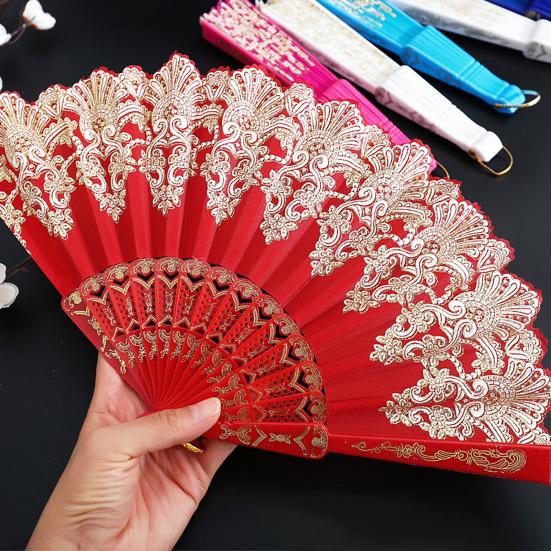 Folding Fan with Hanging Ring Smooth Opening Comfortable Grip Clear Pattern Chinese Style Fabric Folding Fan School Supply