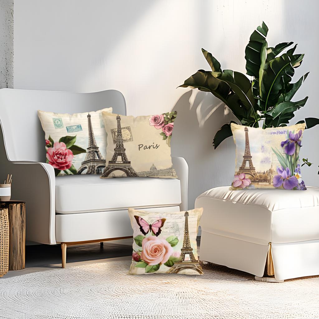 1/4Pcs Setretro Paris Eiffel Tower Cushions Pillowcase Polyester Cushion Cover Throw Pillow Pillowcover Home Car Sofa Decor