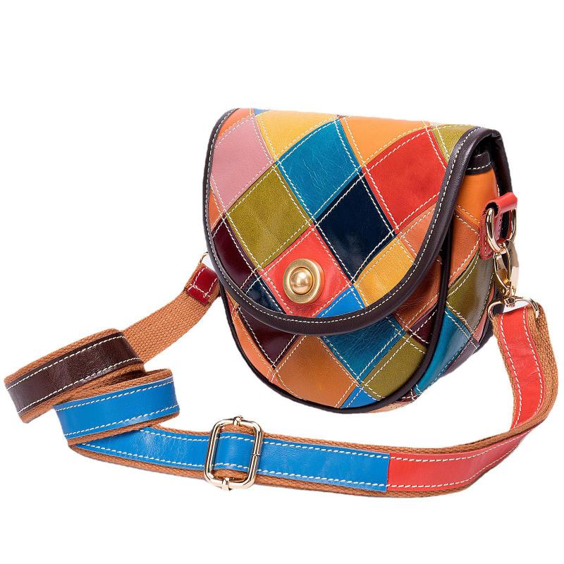 Johnature Genuine Leather Color Splicing Women Bag Vintage Soft Cowhide Versatile Plaid Shoulder & Crossbody Bags