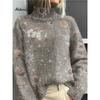 Womens Christmas Print High Neck Sweater Loose Fit Casual Long Sleeve Top