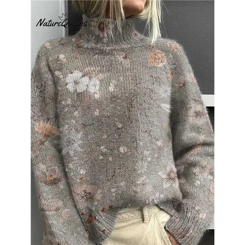 Womens Christmas Print High Neck Sweater Loose Fit Casual Long Sleeve Top