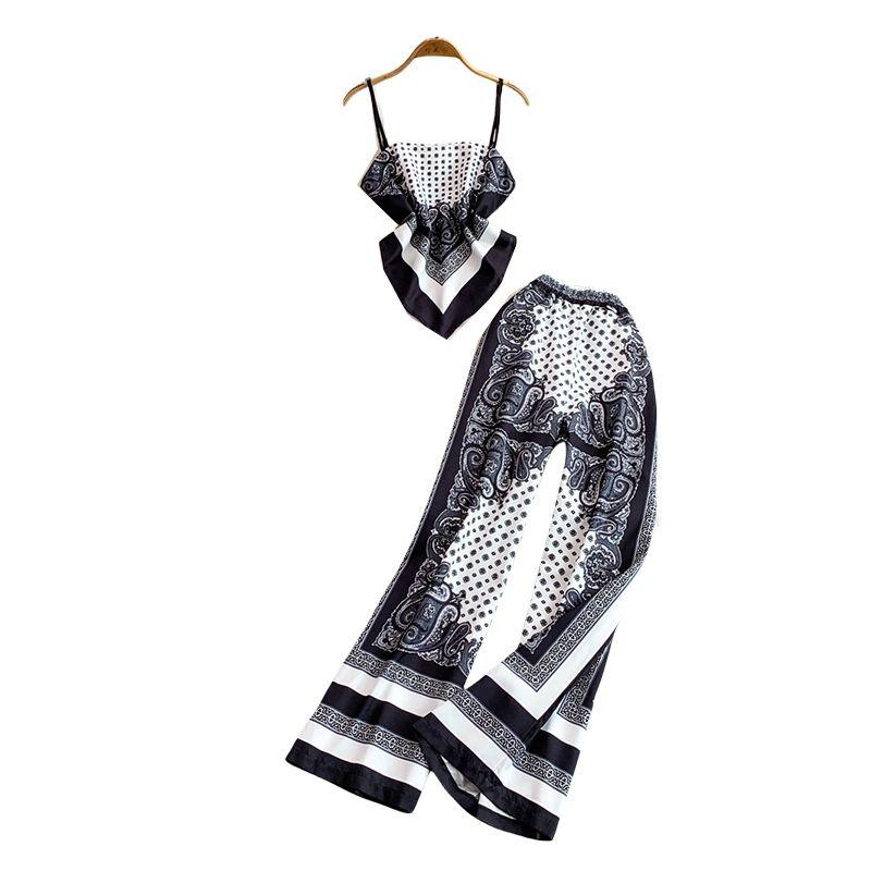 High-End Sense Retro Print Irregular Sling Waist Hugging Slimming Vest Top + High Waist Wide Leg Pants Two-piece Set