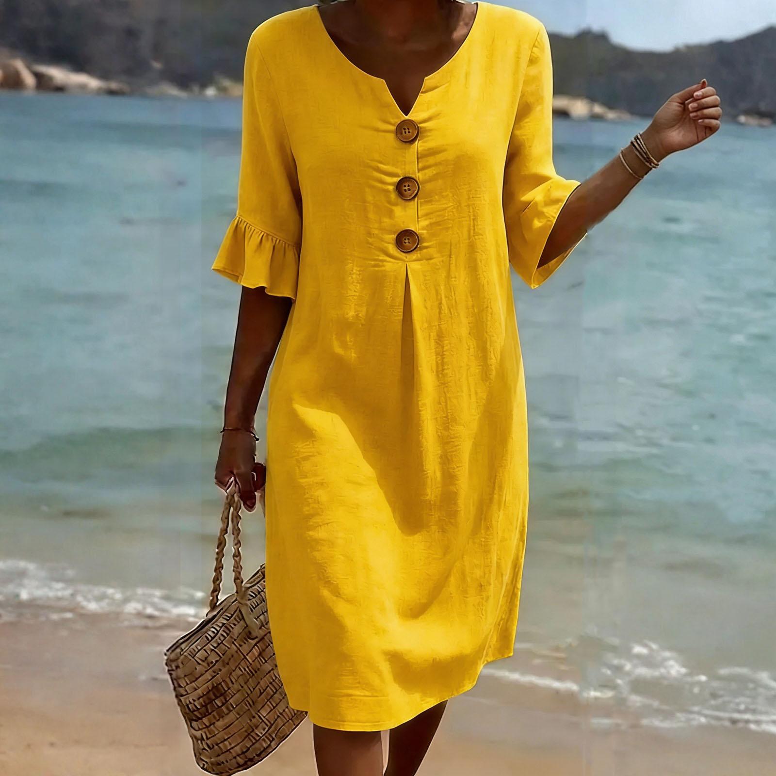 

Women s Fashion Summer -Color Casual Cotton-Linen Dress XL жовтий