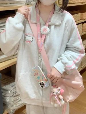 Japanese Fashion Kawaii Zipper Hoodie Set Women Harajuku Cute Pink Cat Embroidery Oversized Hooded Sweatshirt Set