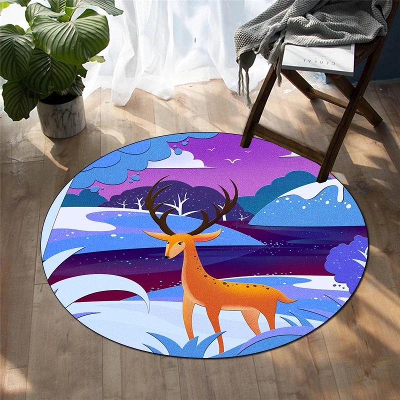 Forest Deer Round Carpet Soft Cartoon Rug Non-Slip Circle Floor Mat for Living Room Bedroom Sofa Bathroom Children's Dorm Decor