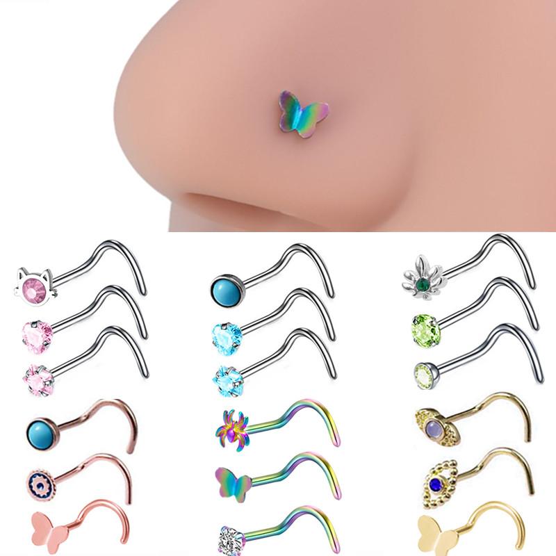 3PCS Pink Crystal Bend Nose Piercing Stud Set Spider Nose Ring Bulk Twist Butterfly Nose Rings And Studs Pack Piercing Nariz Lot