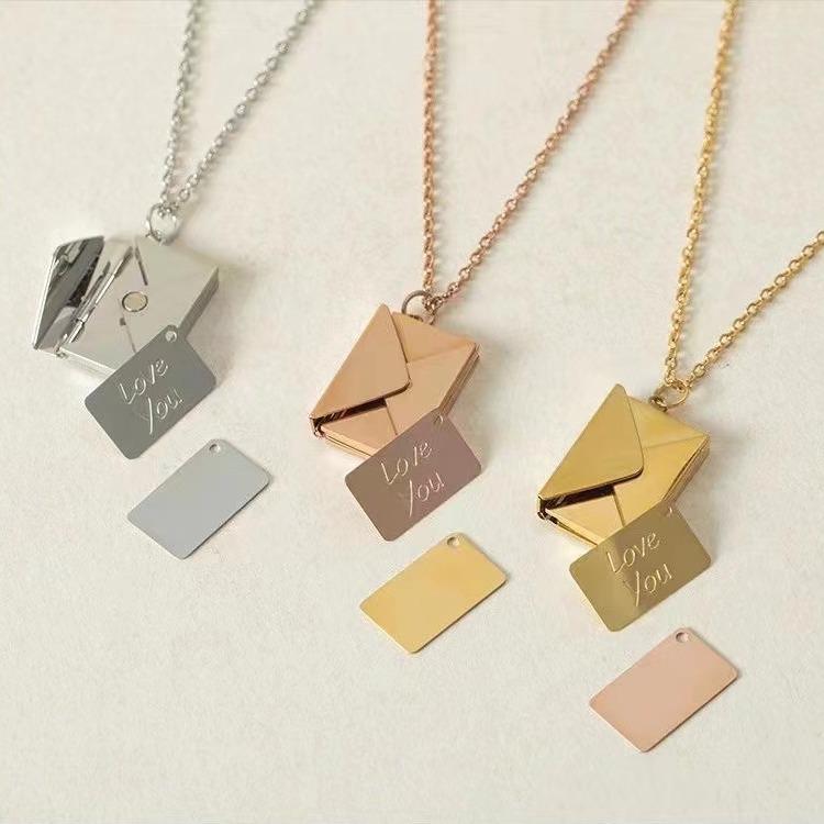 Love Letter Envelope Pendant Couple Necklace - European & American Style, Titanium Steel, Creative Design