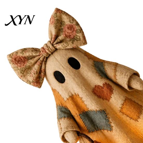 Farmhouse Style Fall Accents Lighted Vintage Patchwork Ghost, LED Light Ghost with Pumpkin Lantern Halloween Decor, Up Ghosts Lamp, Rustic Figurine