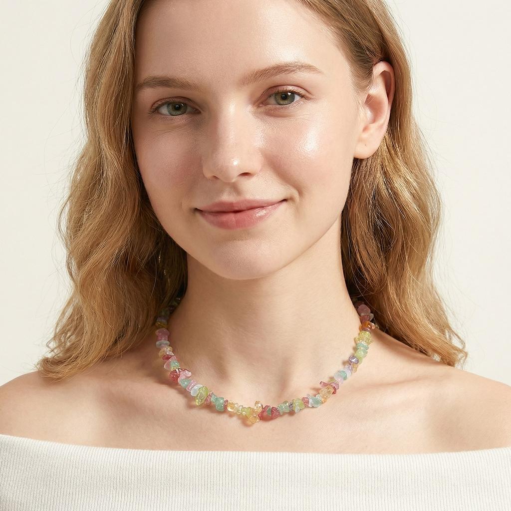 Naure Stone Turquoises Crystal Beaded Choker Necklace for Women, Fashion Irregular Bohemian Healing Crystal Choker Jewelry