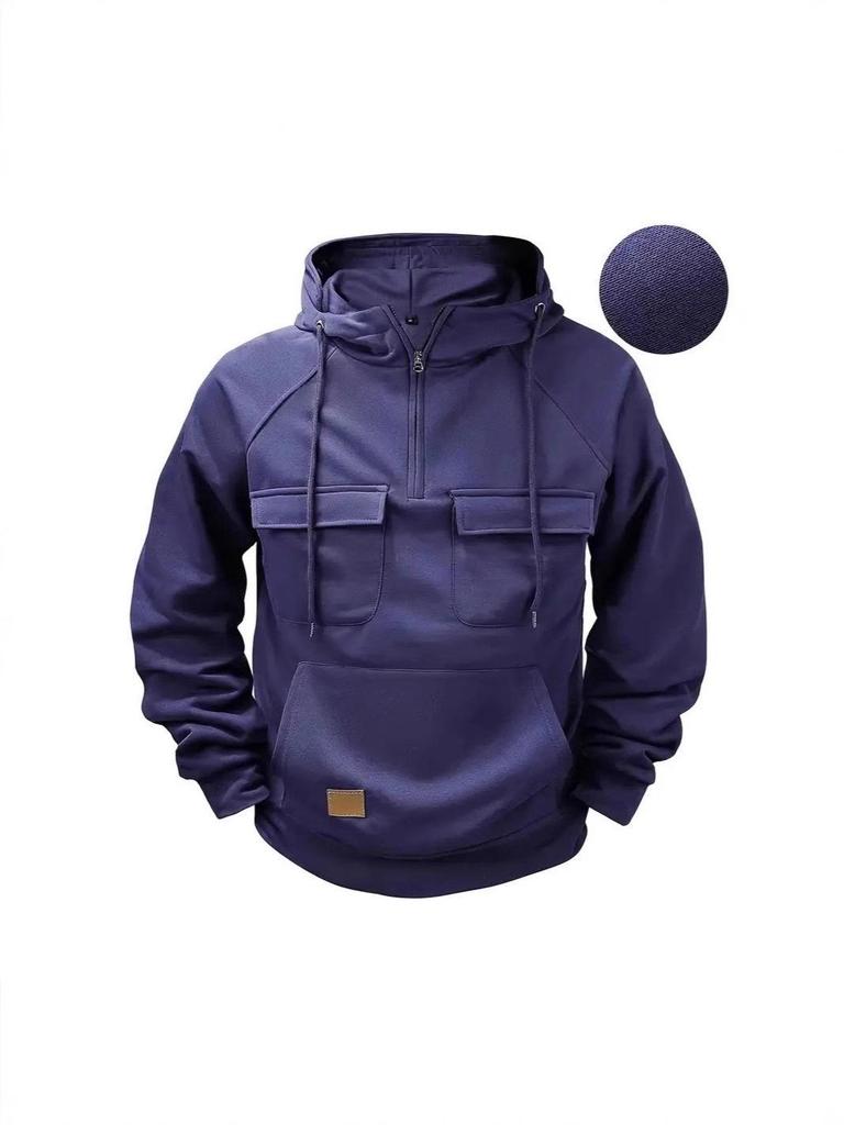 Men's American Retro Fleece Hooded Sweatshirt - Autumn/Winter Multi-Pocket Pullover Jacket
