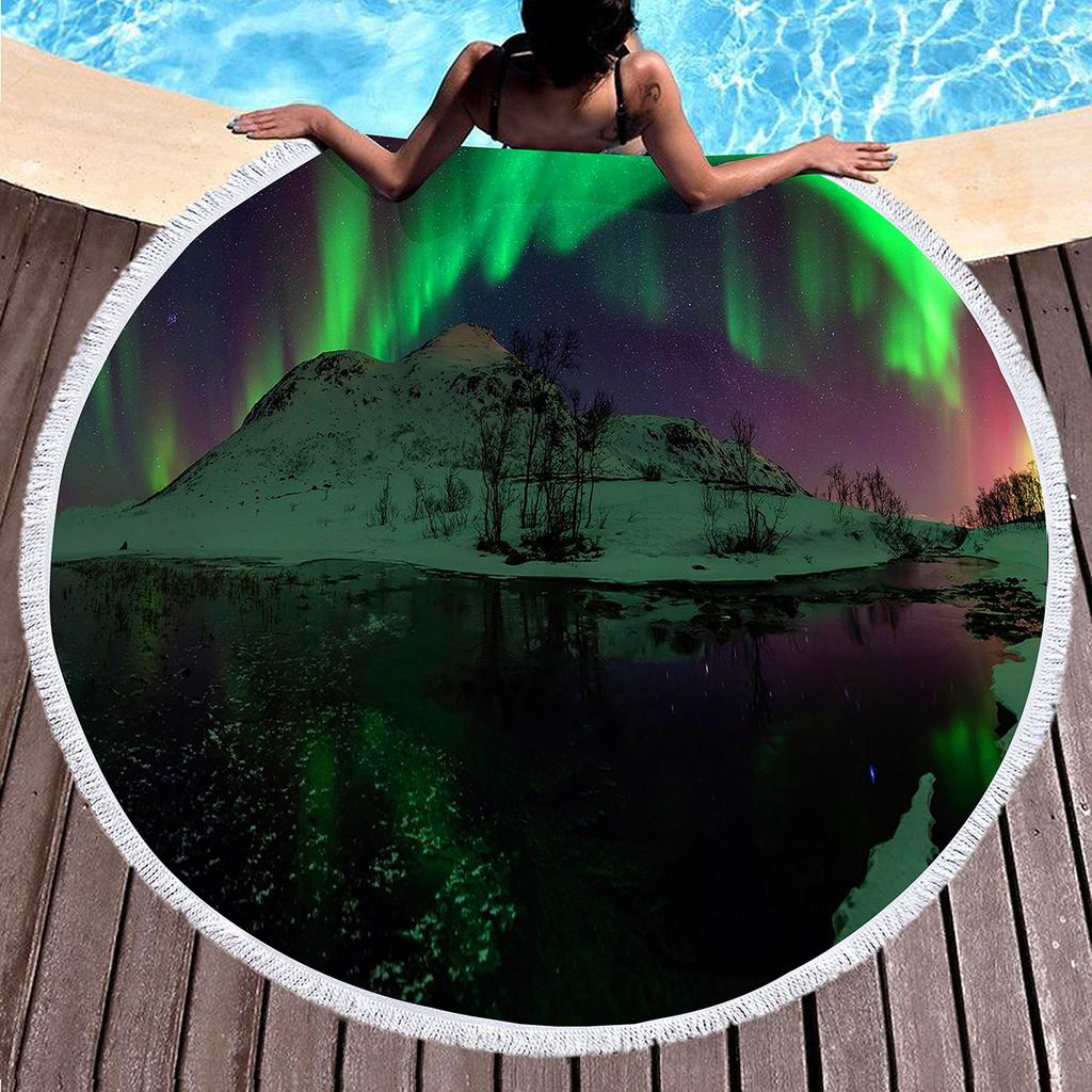 Mysterious Aurora Round Beach Towel,Microfiber Circle Beach Blanket Quick Dry Picnic Rug with Tassels for Bathroom Pool Outdoor