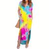 Women Summer Short Sleeve V Neck Backless Tie Dye Split Irregular Dress