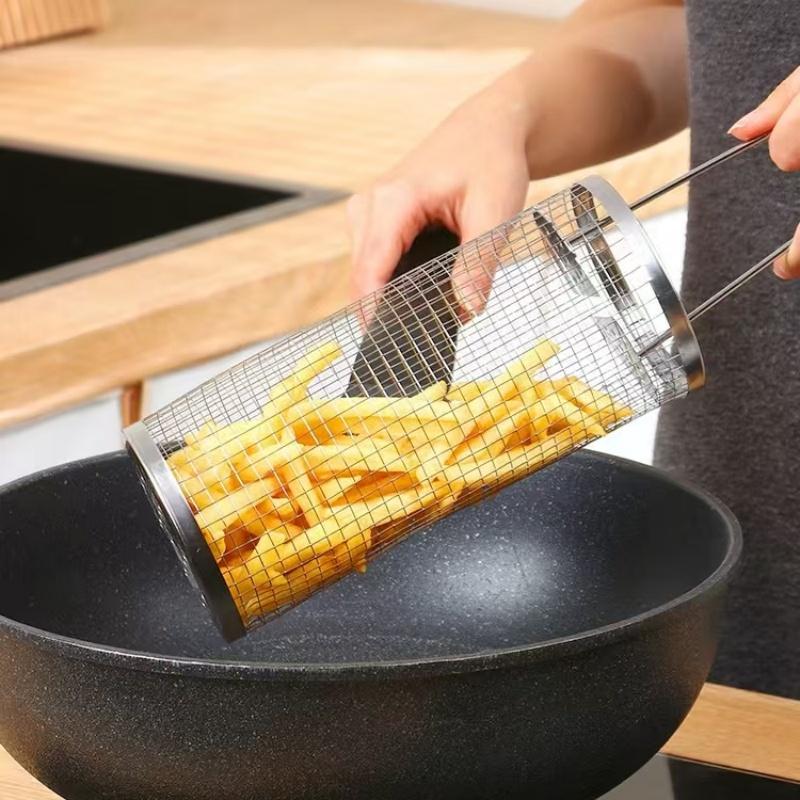 Outdoor Camping Barbecue Grille Stainless Steel Cylinder BBQ Basket Kitchen Potato Fry Gadget Portable Picnic Cookware