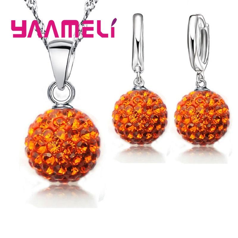 925 Sterling copper Stamped Bridal Zircon Sets Women Girls Wedding Gifts Austrian Crystal CZ Disco Ball Necklace Hoop Earrings