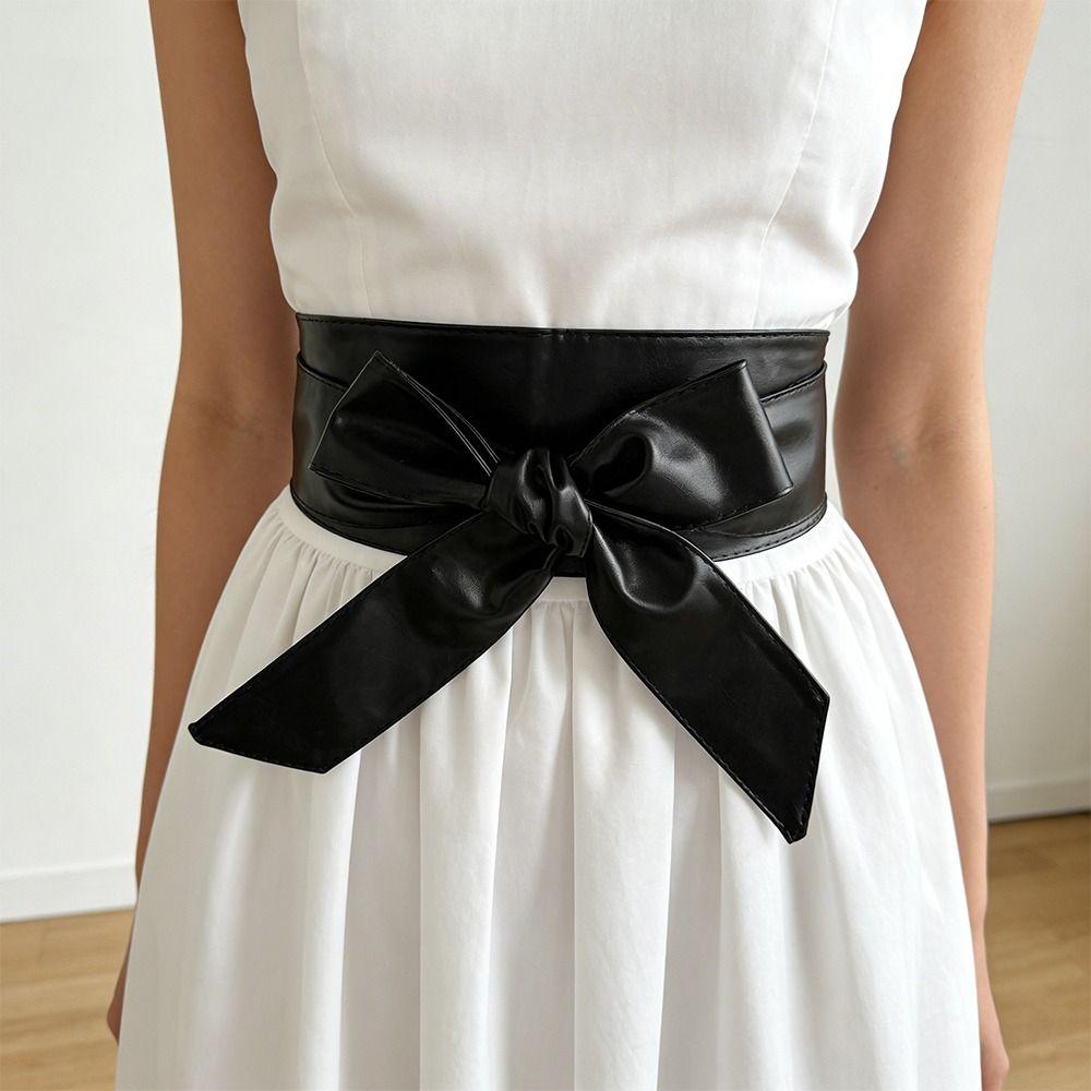 Solid Color Women's Waist Belt Long Ribbon Fashionable Leather Wide Waistband Elegant Bowknot Beautiful Design Decorative Girdle