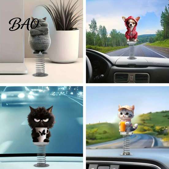 Cute Animal Dashboard Accessories Cat/Dog Car Ornaments, 2D Flat Acrylic Decorations Spring Swaying Ornaments with Self Adhesive Swing Base