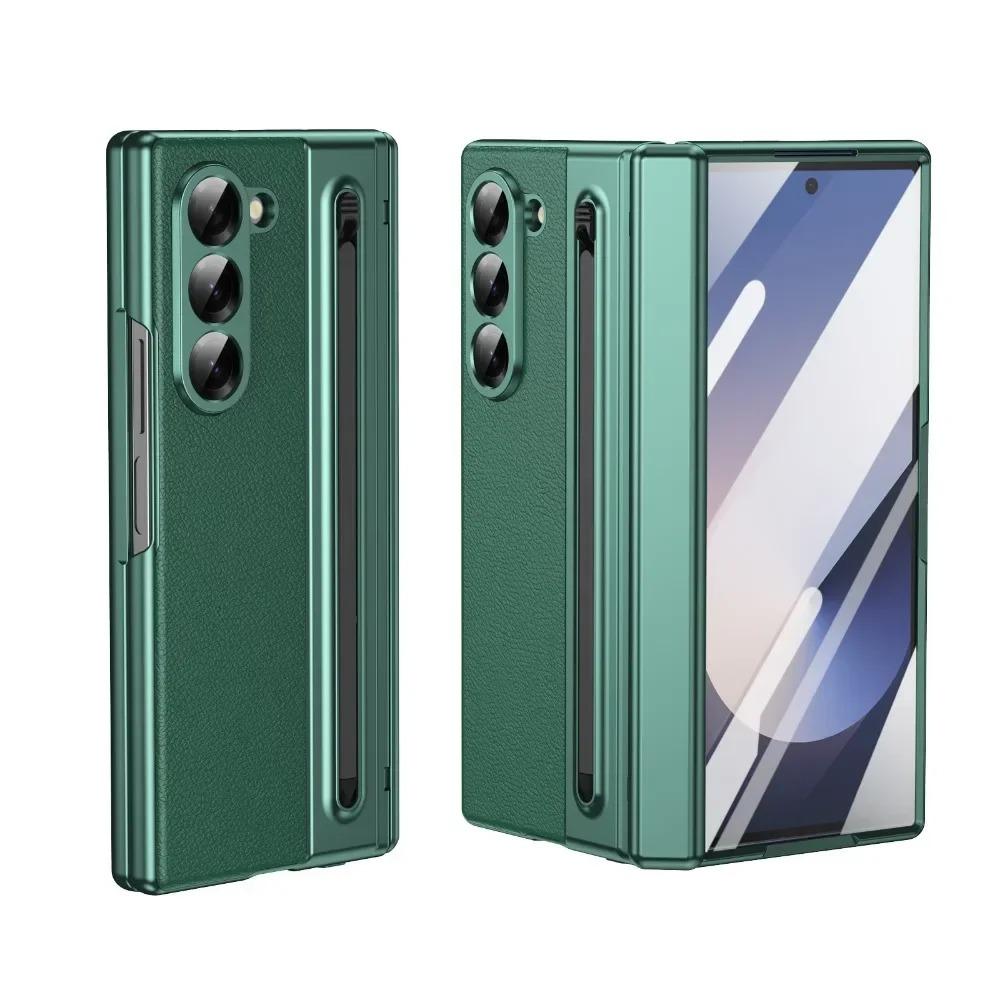 Luxury Plating Matte AG Pen Slot Leather Case For Samsung Galaxy Z Fold 7 6 5 4 3 Screen Film Hinged Shockproof Protector Cover