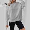 Polyester Women Tops Crew Neck Sweatshirt, Drop Shoulder Long Sleeve Pullover, Loose Soft Sweaters Fit Casual Fall Winter Top with Side Slit Pullovers