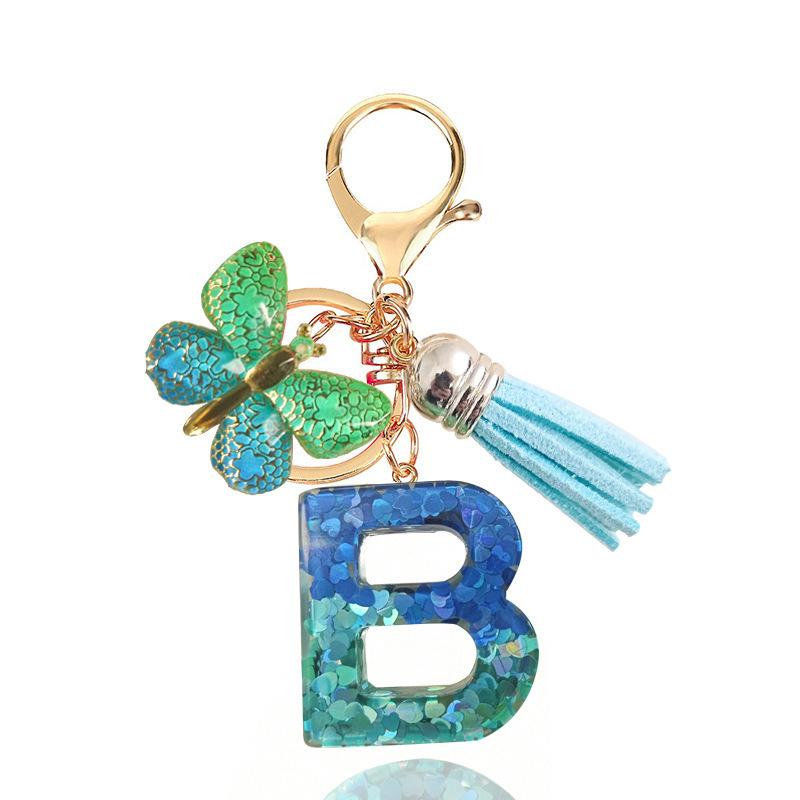 Fashion Blue Glazed Stone A To Z Letter Keychain 26 Initials Alphabet Butterfly Tassel Pendant Car Key Chain Women Jewelry GIfts