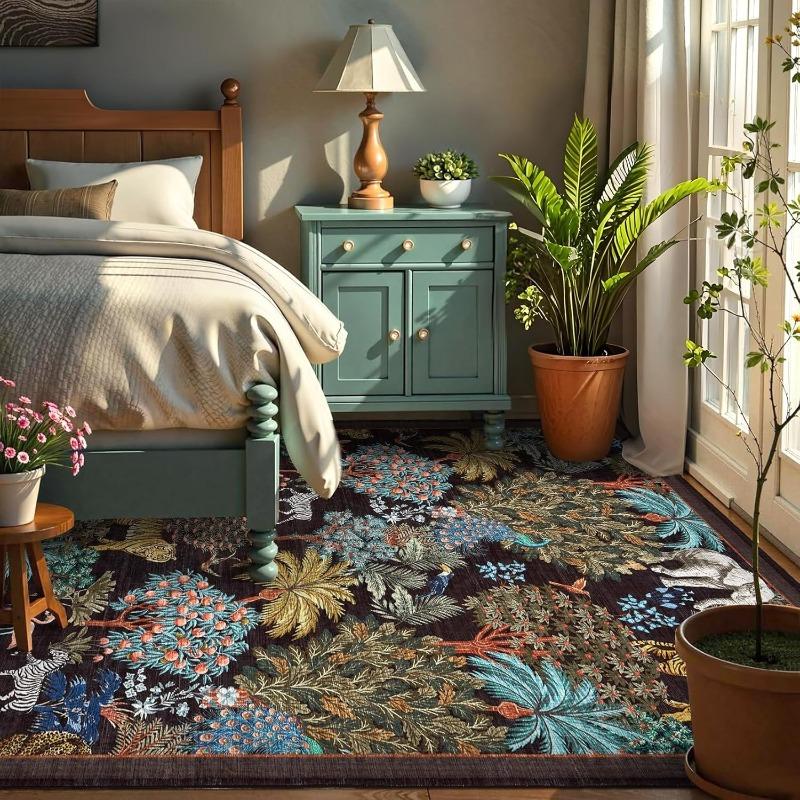 Green Living Room Carpets Nordic Style Jungle Animal Plant Print Bedroom Rug Vintage Machine Washable Non-Slip Coffee Table Mats