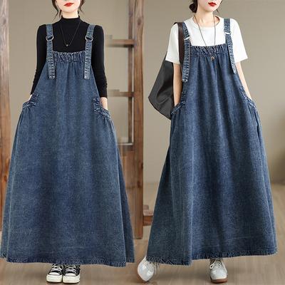 DIMANAF Women Plus Size Denim Dress Maxi Long Dress Sleeveless Cottton Vintage Loose Casual Basic Dresses