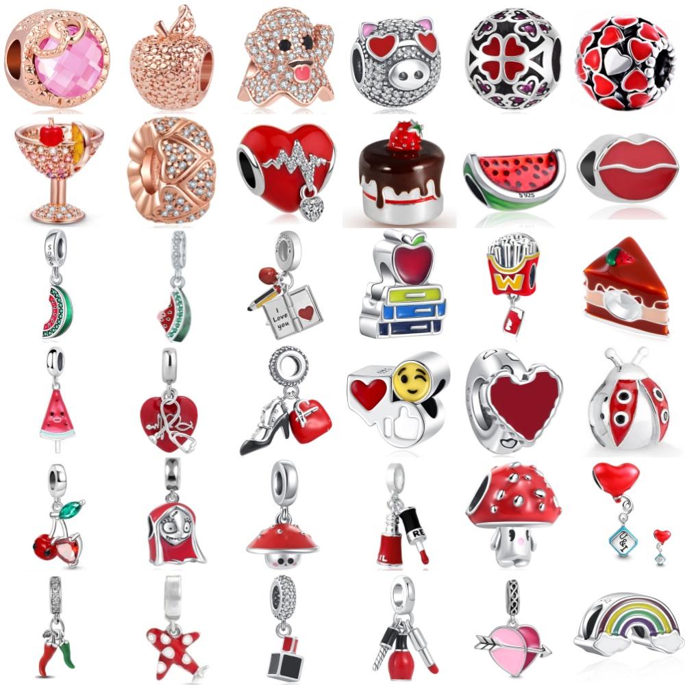 Red Watermelon,Cake,Cherry Bead Pendant, 925 Silver,Suitable for European Original Bracelet DIY Accessories,Exquisite Jewelry