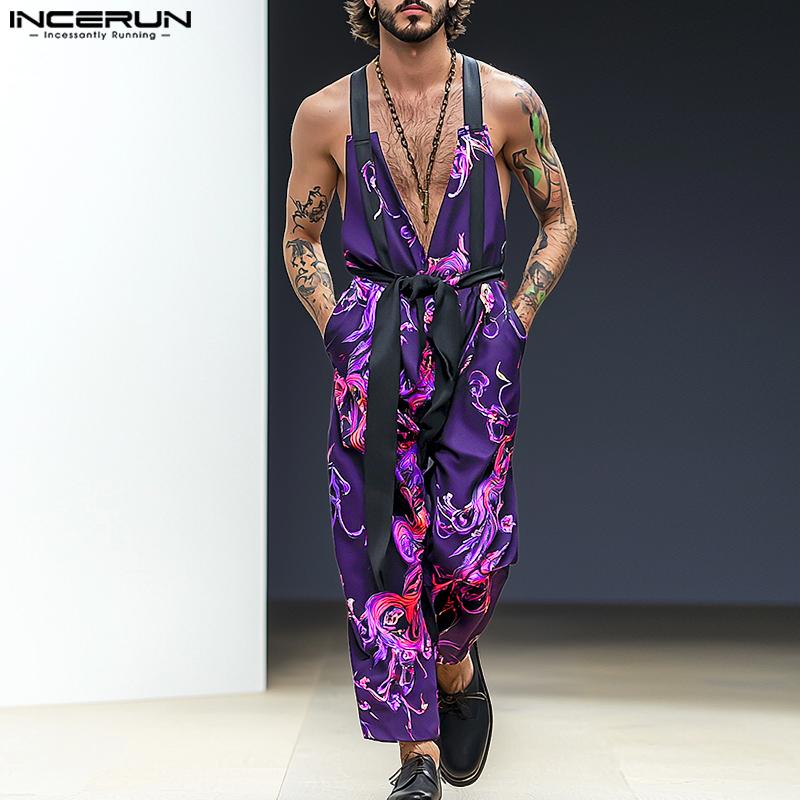 

INCERUN Men V Neck Strap Sleeveless Belt Waist Floral Print Long Loose Jumpsuits Overalls S