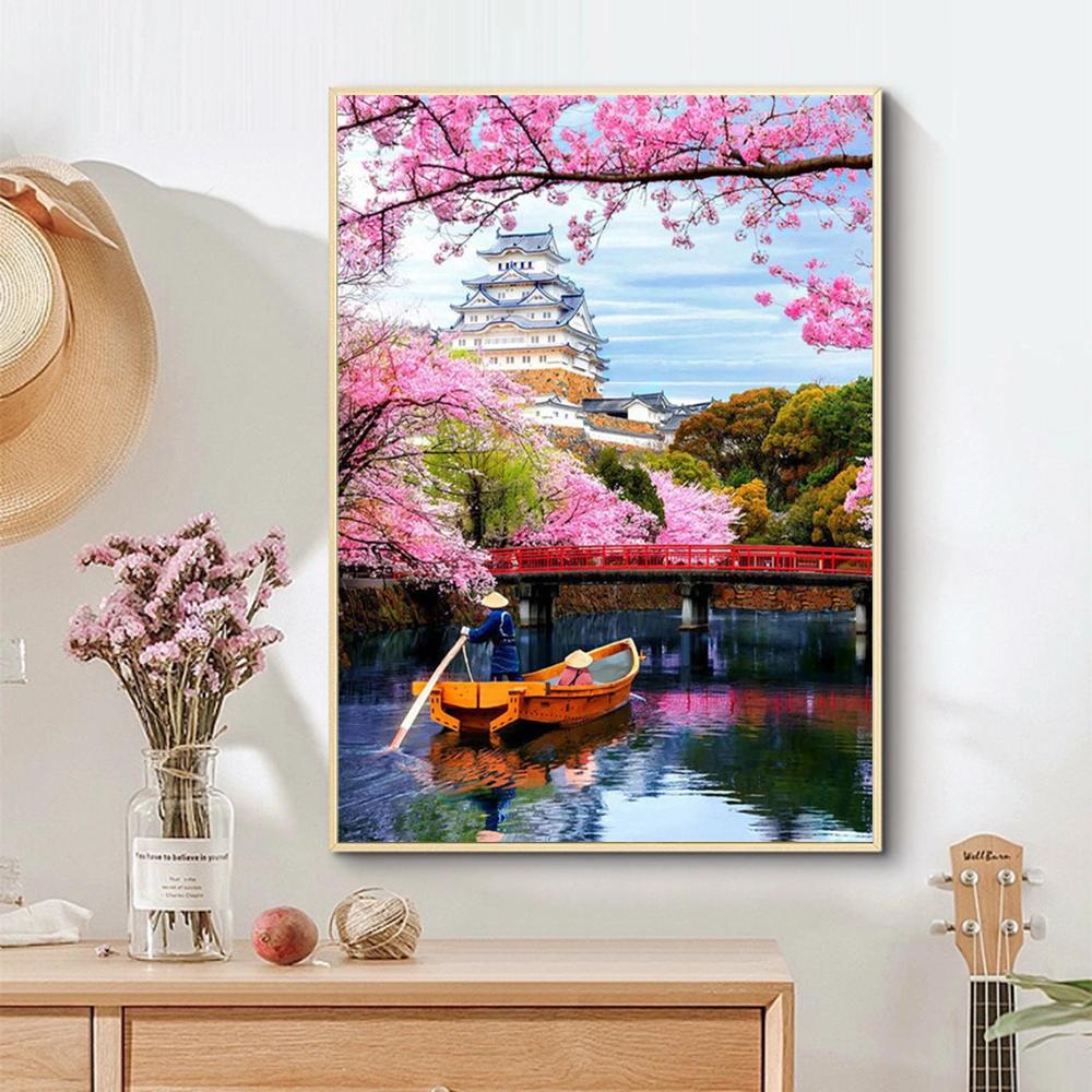 Full Square Round Diamond Painting Kit Cherry Blossoms Tree Diy Embroidery Mosaic Building Landscape Home Decor