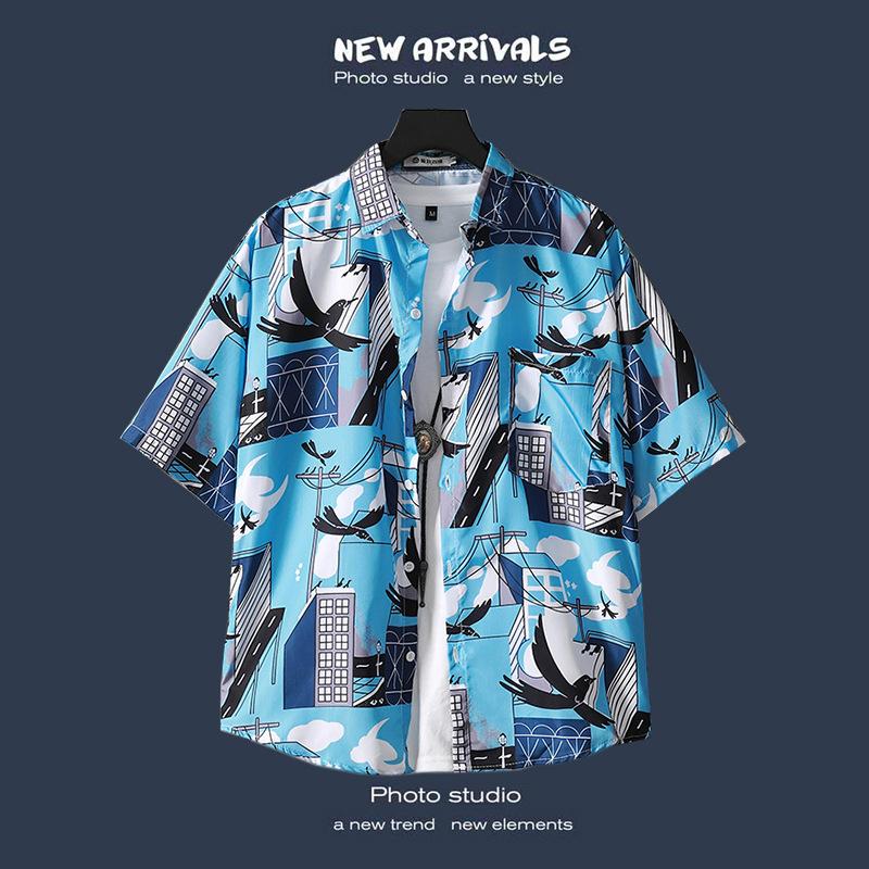 Plażowa koszula w kwiaty z krótkim rękawem modna koszulka męska letnia cienka sekcja luźne Ins Trend Retro hawaje casualowa kurtka koszula