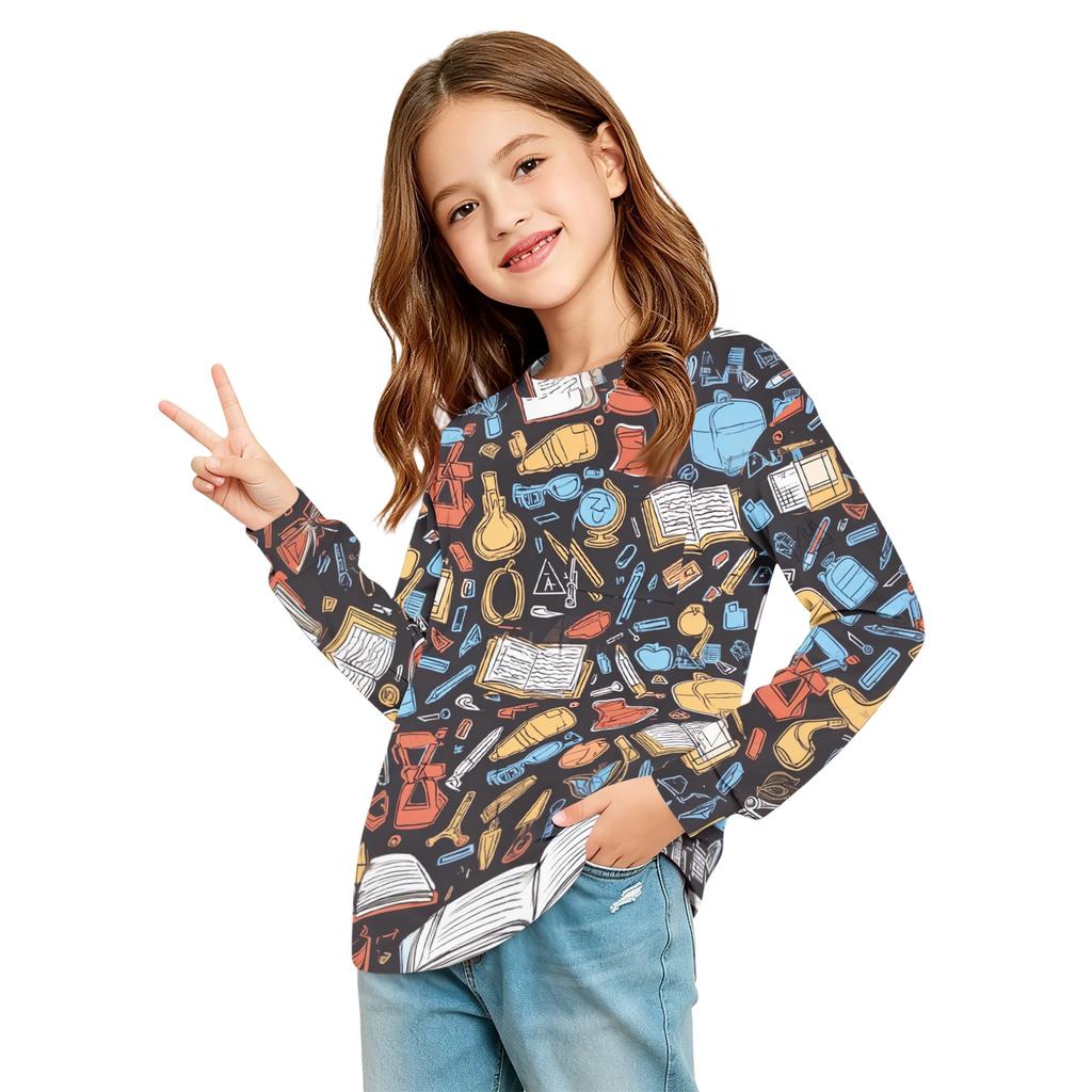 Kids Fashion Print Long Sleeve Neck Top with Pocket for Back To School