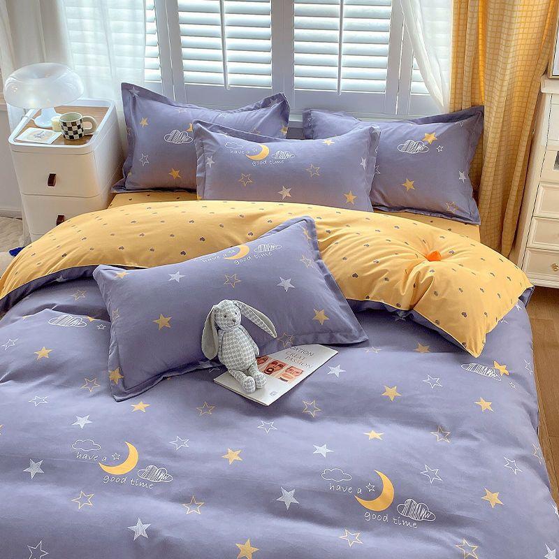 Vierteiliges Bettwäsche-Set, Bettwäsche, Gewaschene Baumwolle Sandgestrahlt Verdickter Bettbezug, Stepplaken, Studentenwohnheim Einzelbettbezug Dreiteiliges Set