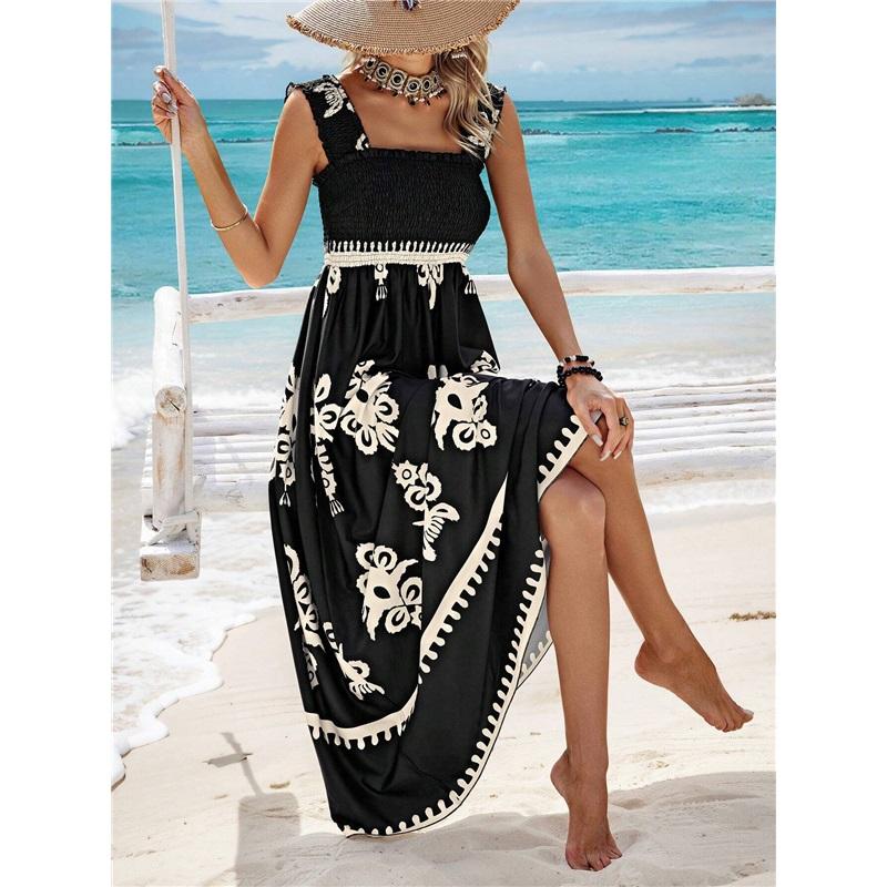 Summer New Style Women's Ladies Dress Printed Front Cross Sleeveless Loose Casual Beach Dress