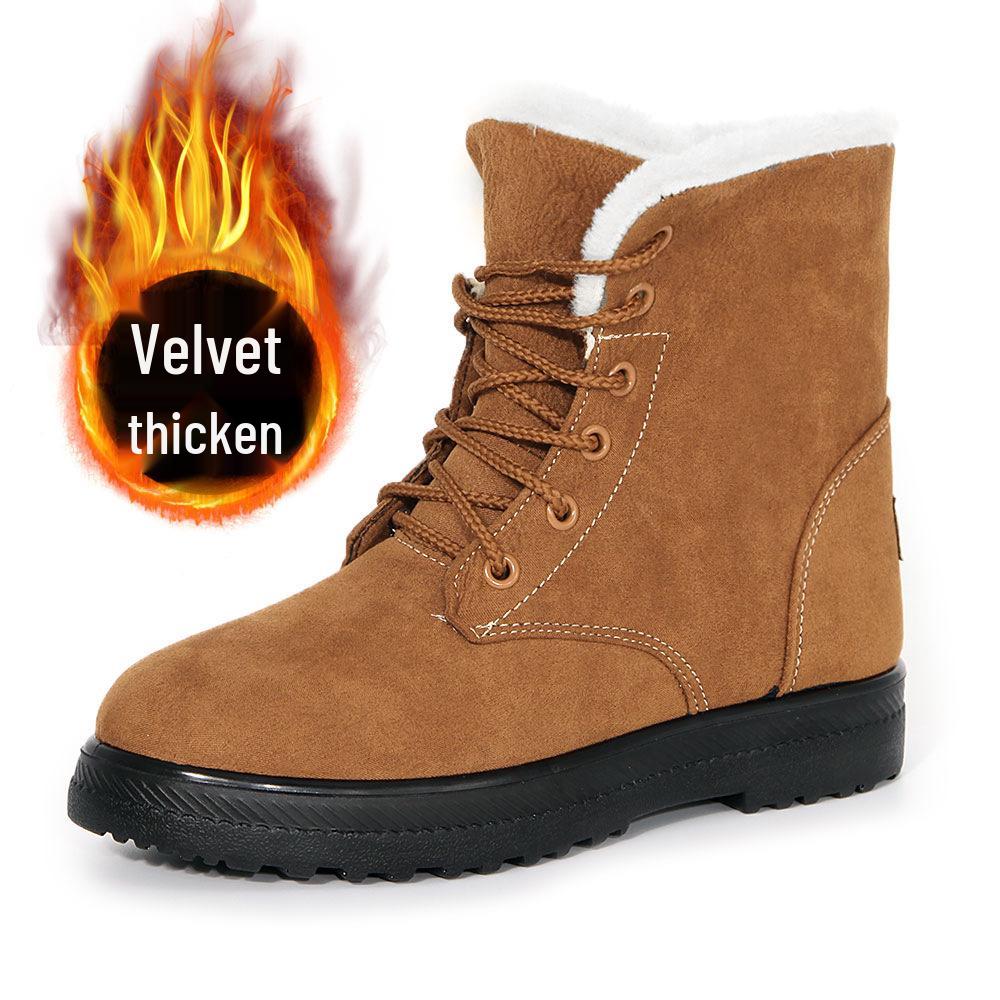 Korean Style High-top Snow Boots for Men and Women, Plus Size, with Velvet Lining and Front Lace-up.