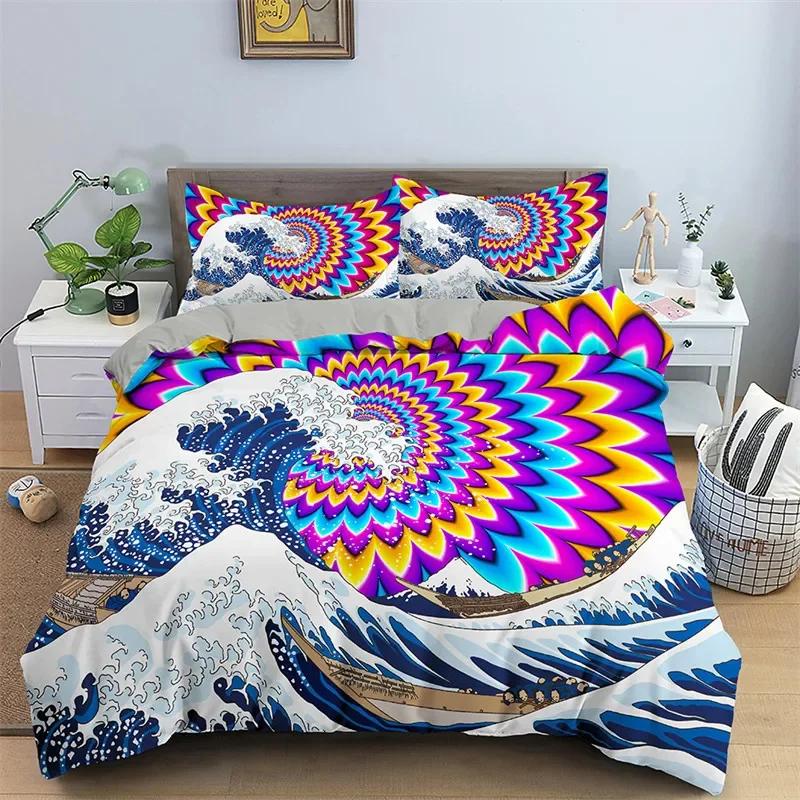 3D Ocean Waves Beding Set Quen Sized Dimensions Soft Sumer Sea Beach Soft Duvet Cover Set Hawaian Tropical Print Warm Comforter Cover Pilowcases