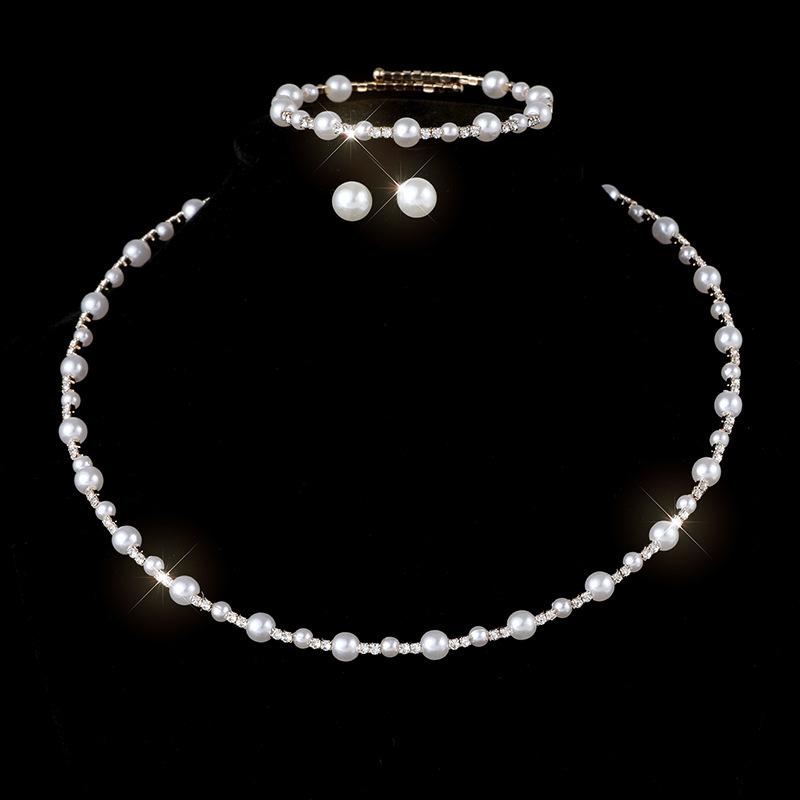 Imitation Pearl Necklace Earrings Bridal Wedding Pearl Rhinestone Neck Chain Stud Earrings Set Jewelry Women