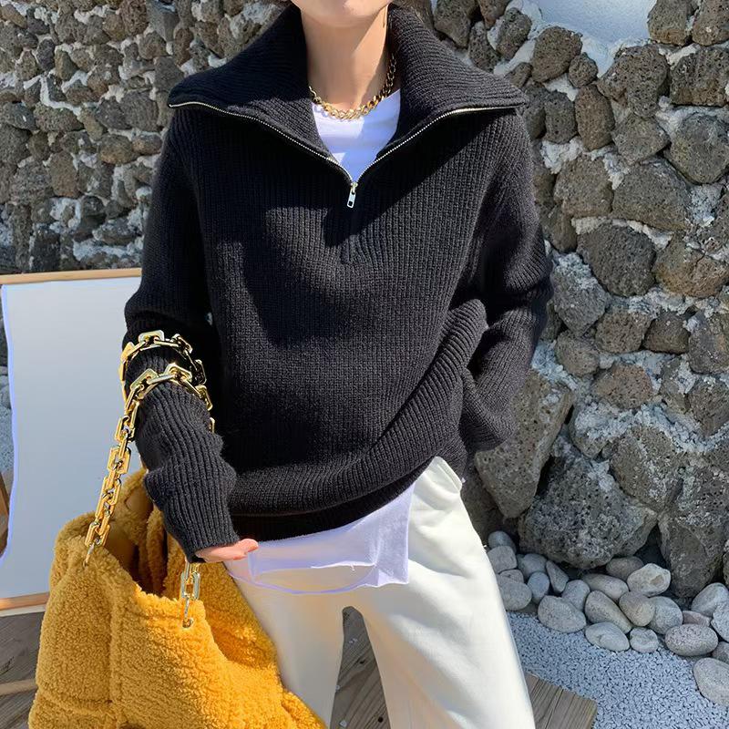 Autumn Loose Solid Color Half-Zip Knit Sweater with Turn-Down Collar for Women