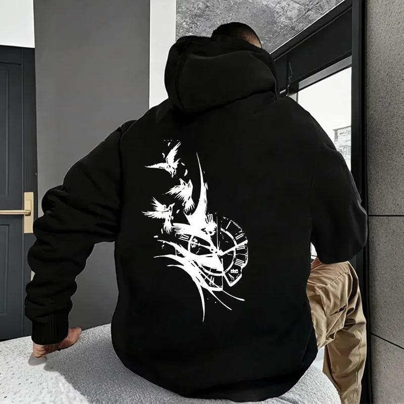 Retro Clock Raven Print Hoodie Autumn Winter Daily Casual Sport Hooded Sweatshirt Male Fashion Pullover Streetwear Oversize Coat