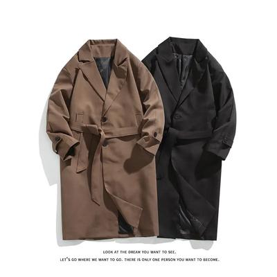 Men Korean Trench Coat Autumn Winter Fashion Trendy Mid Length Overcoat Casual Windproof Outerwear Warm Lapel Coat Streetwear