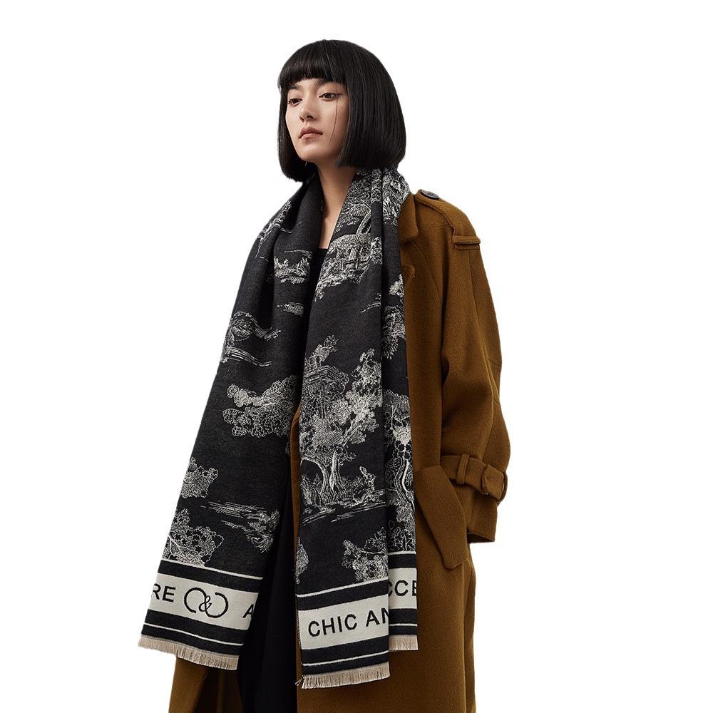 Jacquard landscape painting imitation cashmere scarf for women's office air-conditioned room thick and warm long trendy scarf