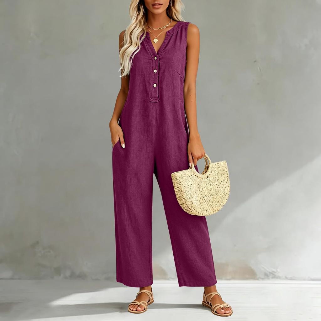 Damen Freizeit Ärmelloser V-Ausschnitt Knopfleiste Strampler Weiter Baggy Latzhose Mit Tasche