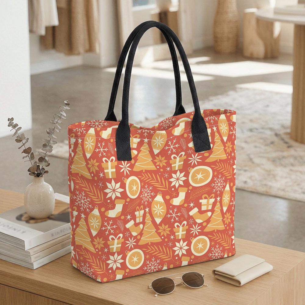  Christmas Pattern Tote Bag Large Capacity Canvas Shoulder Bag for Festive Shopping