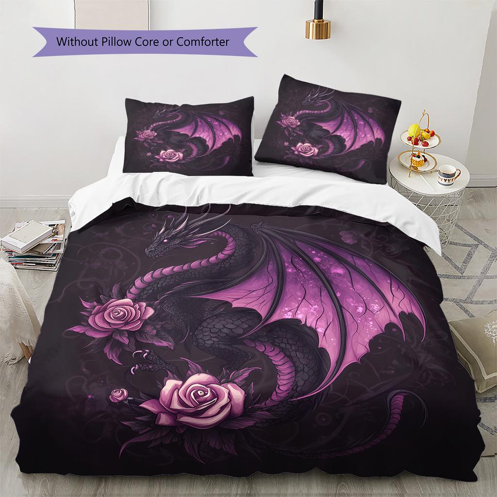Fialový drak Vzor Povlečení Přikrývka Sada Povlak na přikrývku Povlak na polštář Domácí dekorace Dárek (1 * povlak na peřinu + 2 * povlak na polštář, bez jádra)