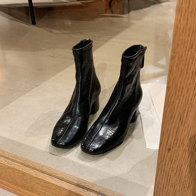 Rindsleder~ Ausländischer Stil Eckiger Kopf Leder Hoher Absatz Ritter Kurze Stiefel Damen Winter Dicke Ferse Martin Stiefel Erhöhende Stiefeletten Einzelstiefel