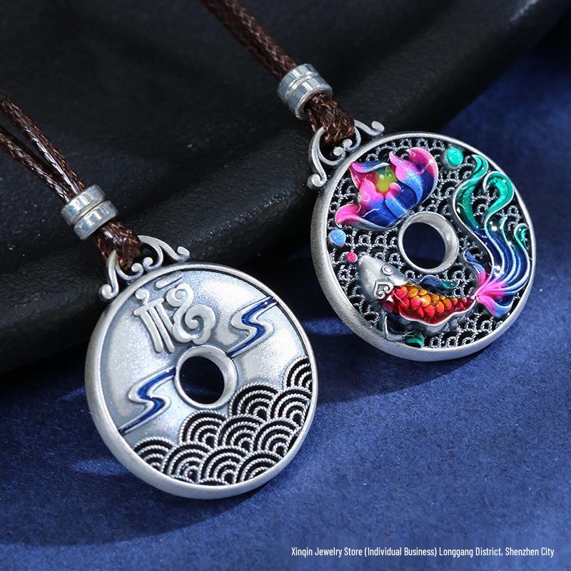 Enamel Lotus Fish Hollow Filigree 999 Sterling Silver Pendant Necklace