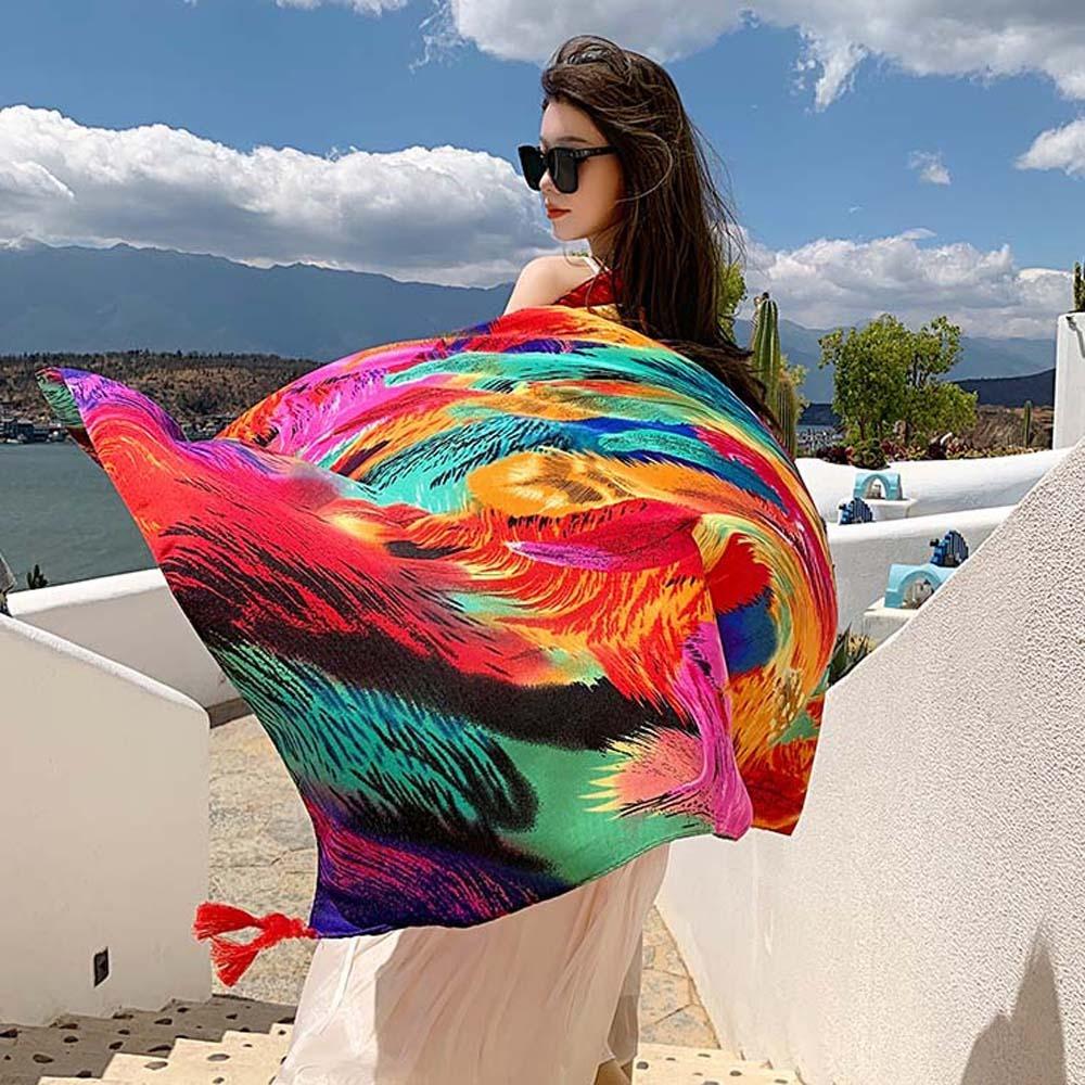 Cotton Spring Silk Scarf Breathable Big Pattern Headscarf Fashion Square Hijab Scarf  Beach