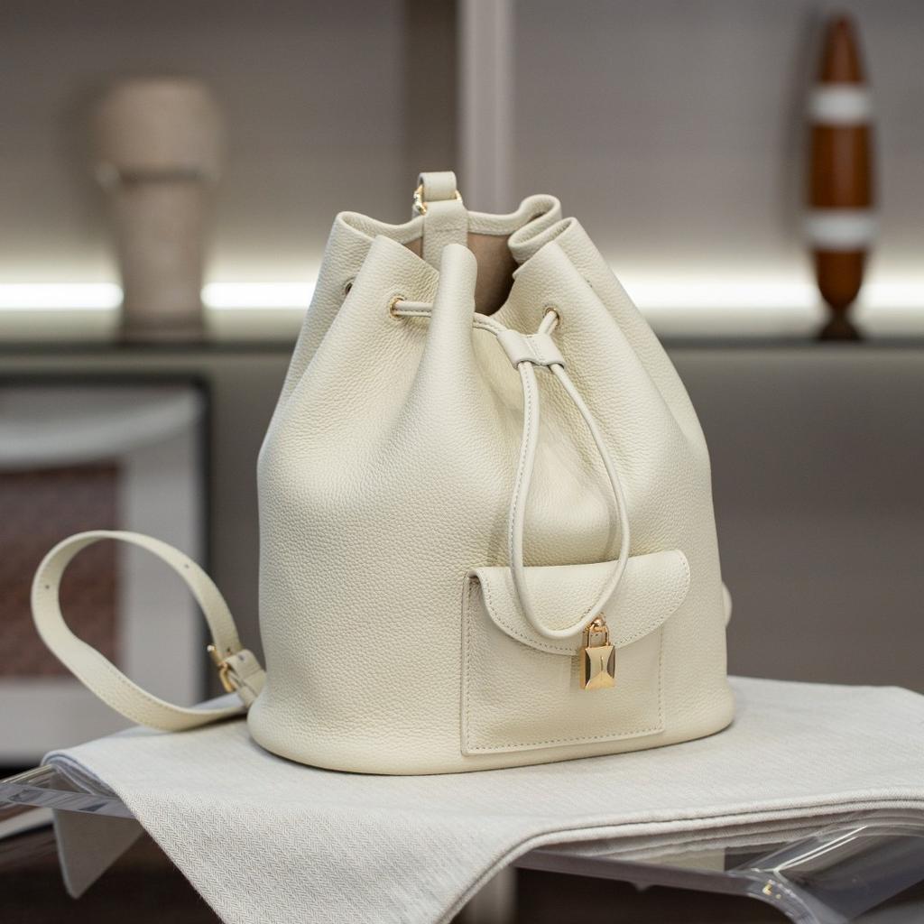 Extra Drawstring Double Leather Bag New Style Frosted Surface Top Layer Cowhide Leather Handbag High-End Sense Minimalist Double Leather Bag